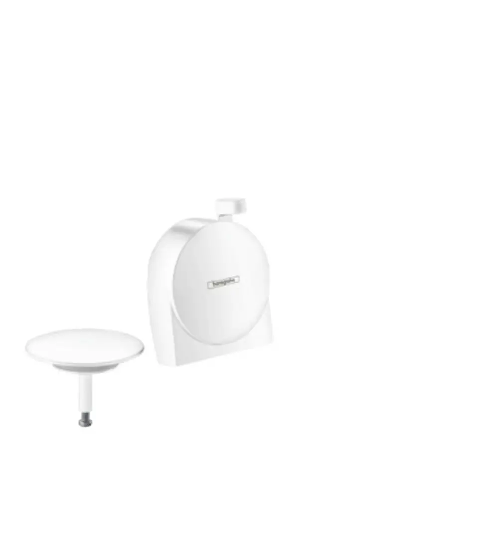 Weißes Hansgrohe-Produktset, bestehend aus einem runden Wandteil und einem flachen Einstiegselement. Beide Teile sind in mattem Weiß gehalten.